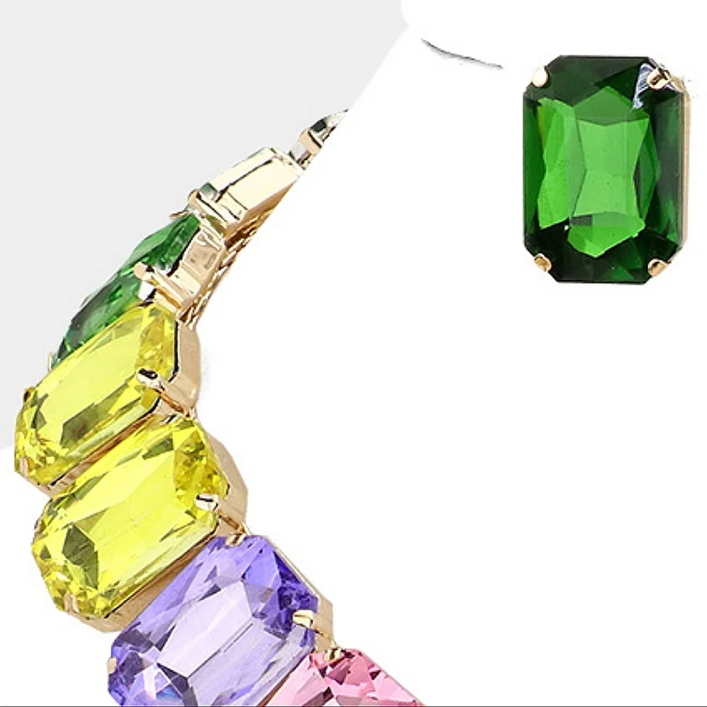 MultiColored Crystal Emerald Stone Chain Set Necklace Bling Evening Jewelry